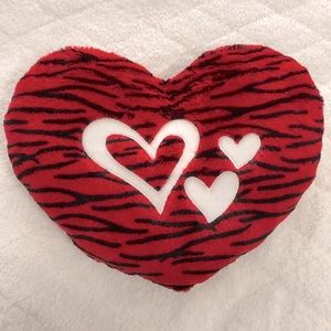 Valentine heart shaped red & white pillow with black tiger stripes